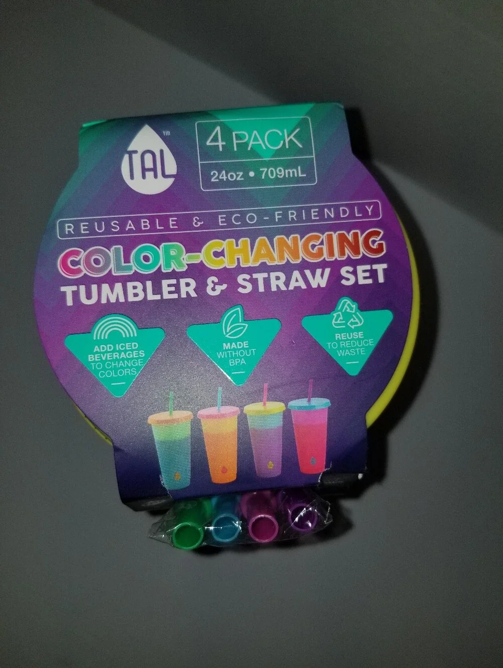 Color Changing Plastic Tumbler Set Lids & Straws Blue Pink Green Yellow